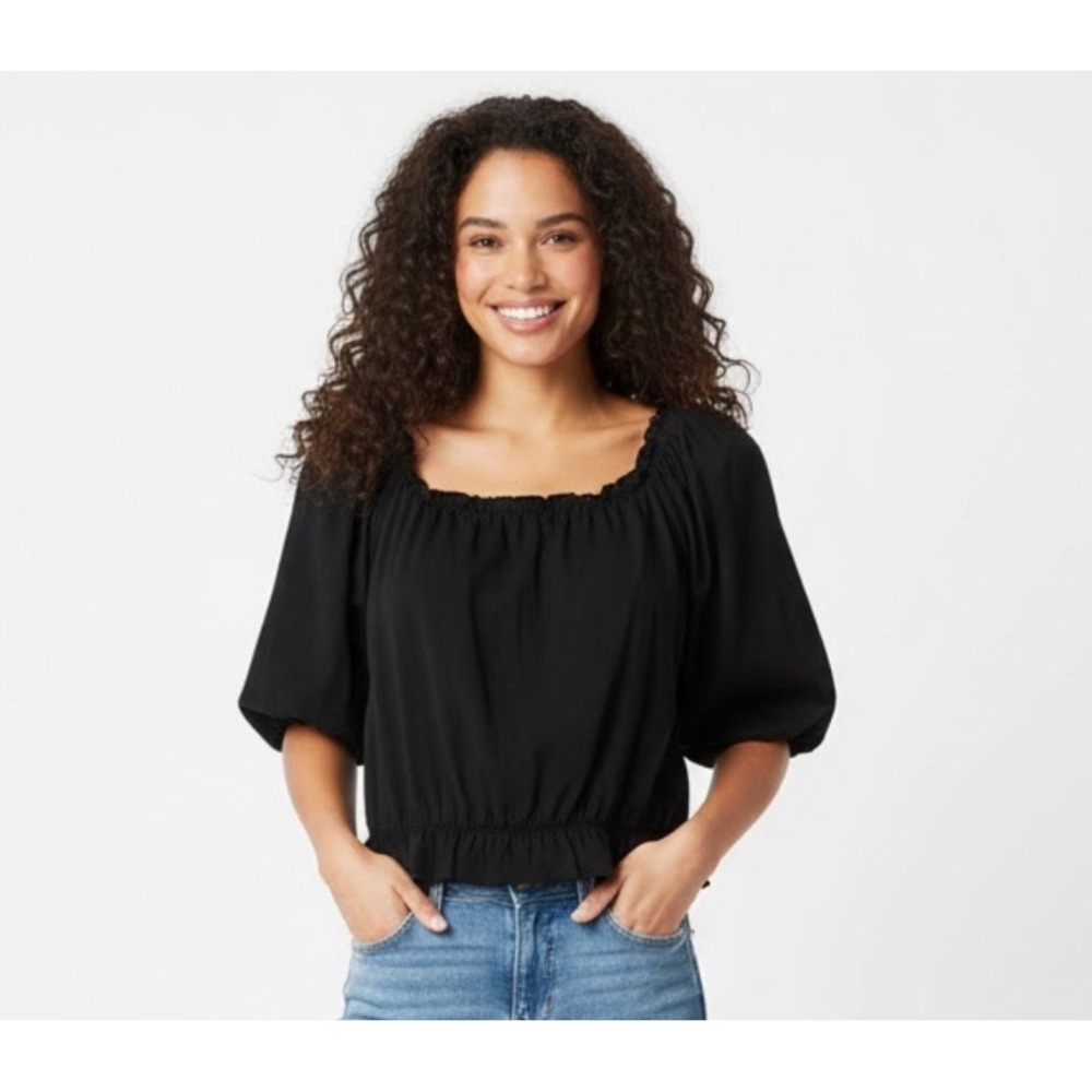 INC Black Square‎ Neck Puff Sleeve Smocked Crop Top Womens Peasant Coquette S